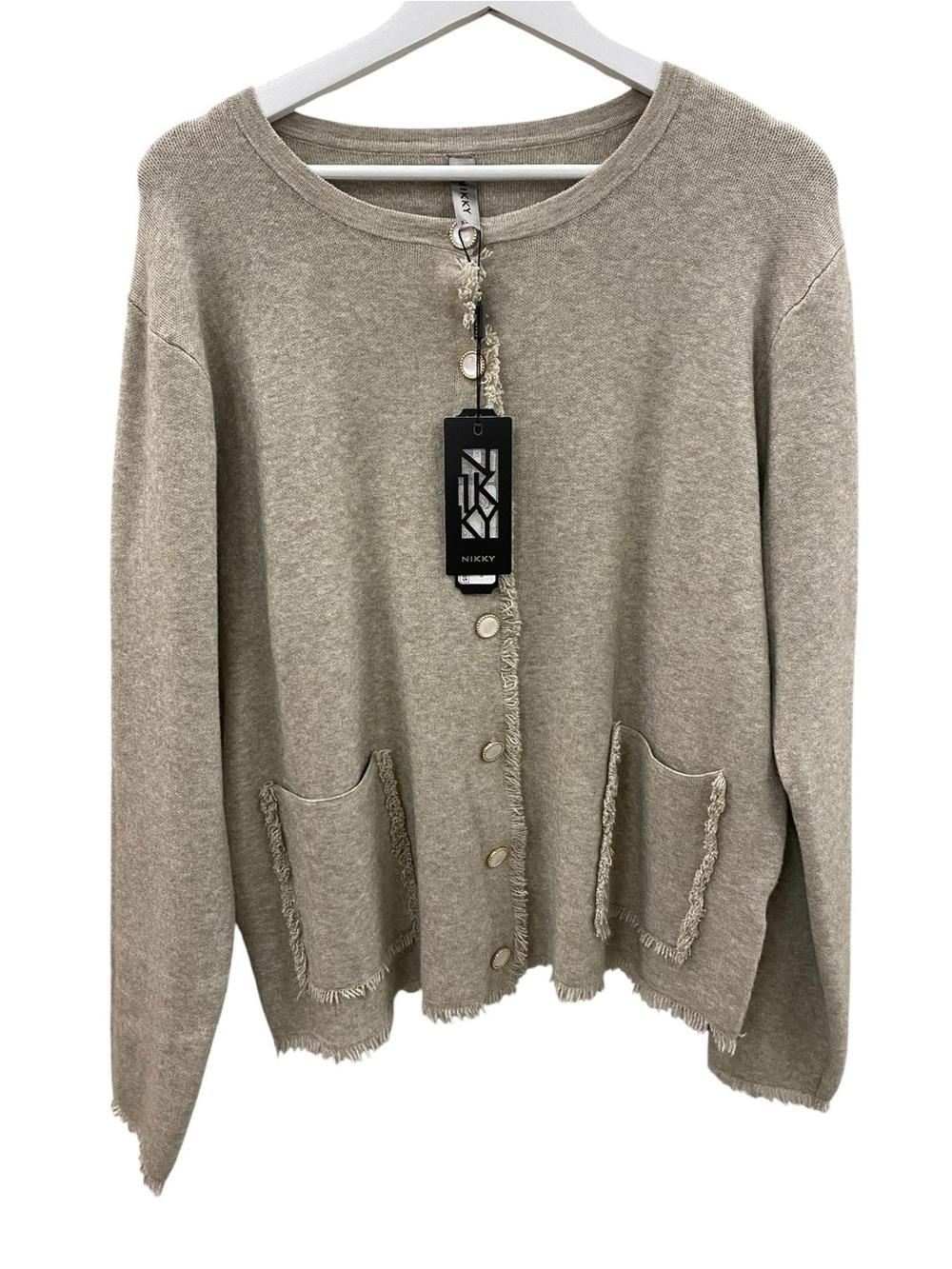 Taupe Fringe-Trim Button-Front Cardigan